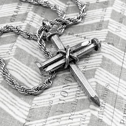 FORGIVEN JEWELRY 3 Nails Wire Wrapped Cross Antique Silver Metal Finish Pendant Stainless Steel Twisted Rope Chain Necklace2