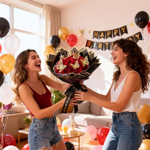 DASIAUTOEM 24 Stück Rote Glitzer Rosen, Valentinstag Glitzer Rosenstrauß, DIY künstliche Blumensträuße mit Krone Geschenke für Weihnachten Geburtstag Jahrestag Hochzeit Muttertag