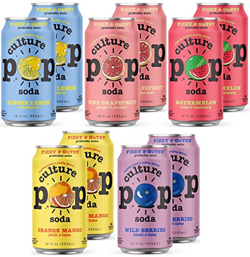 Culture Pop Sparkling Probiotic Soda | 40 Calories per can, Vegan, Non-GMO | 12 Fl Oz Cans (5 Flavor Variety, Pack of 10)