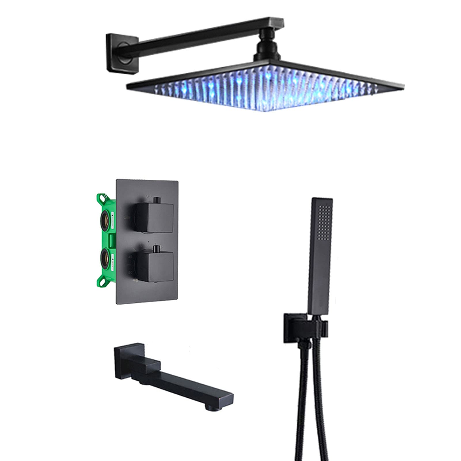 CWCQGH Thermostatic Shower System Matte Black, LED Rain Shower Head with Hand Shower, Wall Mounted Bathtub Faucet Set, Bathroom Shower Mixer Tap,8inch