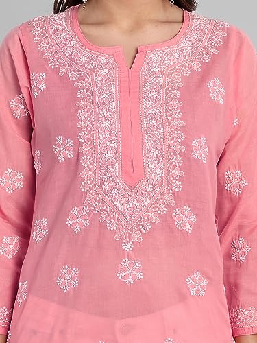 Image of Ada Hand Embroidered Lucknow Chikankari Straight Round Neck Cotton Blend Short Kurti Tunic Top for Women A911333