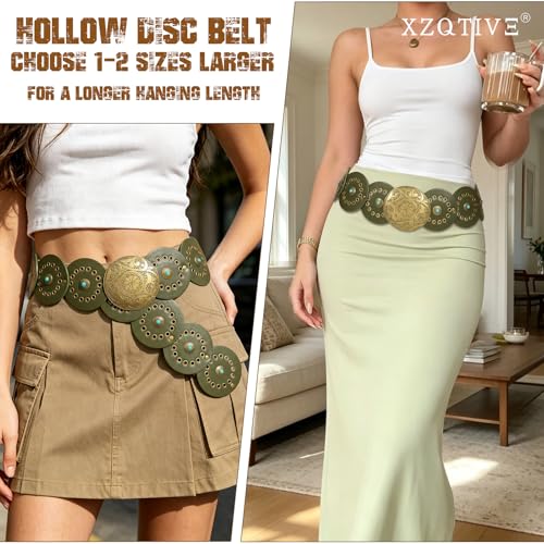 Image of XZQTIVE Western PU Leather Belts for Woman Concho Cowgirl Cowboy Disc Belt for Ladies Wide Boho Country Waist Belts for Dress