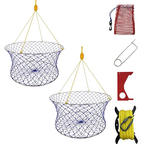 Crab Ring Trap Kit 2 Sets – Stainless Crab Net with 100ft Rope, Bait Bag, Clip & Ruler – 24” Stainless Steel Two-Ring Crab Trap for Dock & Pier Crabbing – Complete Recreational Crabbing Gear