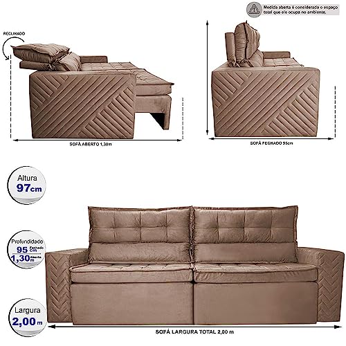 Sofá Retrátil e Reclinável 2,00m Cama Inbox Charm Velusoft Castor