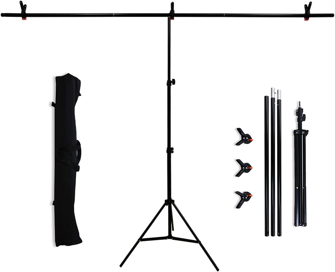 T-Shape Black Aluminum Alloy Backdrop Stand, 6.56×6.56ft Backdrop Stand for Parties, Adjustable Portable Photography Backdrops, Heavy Duty Photo Backdrop Stand Kit（with 3 Spring Clamps PQ001