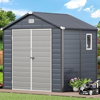 YITAHOME 7.87x6.2FT Resin Storage Unit sans Flooring, All-Weather Plastic Shed with Window, Vents and Secured Doors, Outdoor Plastic Tool Cabin for Poolside, Lawn, Backyard, Patio, Dark Gray