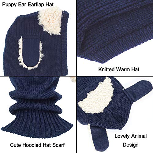 Bienvenu Children Boys Girls Knitted Oversized Hat Dog Woolen Ear Infinity Scarf Outdoor Skull Caps For Autumn Winter, Navy #TOP3