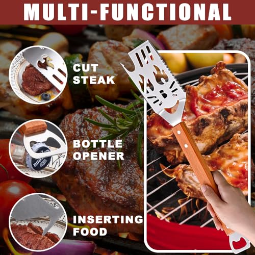 Geoyien Grillspachtel für Barbecue, Grillzubehör Männer Geschenk, Multifunktionales Grill Zubehör, Grillbesteck mit Holzgriff, Messer und Gabel, Säge, Vatertagsgeschenk für Papa (4 Stück, ABCD)