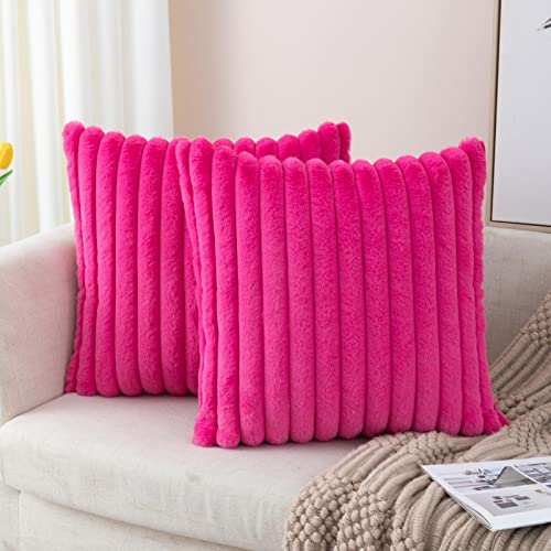 Zlina Set Of 2 Faux Fur Plush Hot Pink Throw Pillow Covers Fuzzy Striped Pillowcase Cushion Covers 18 X 18 Inch Decor Sofa Couch Bedroom #TOP1