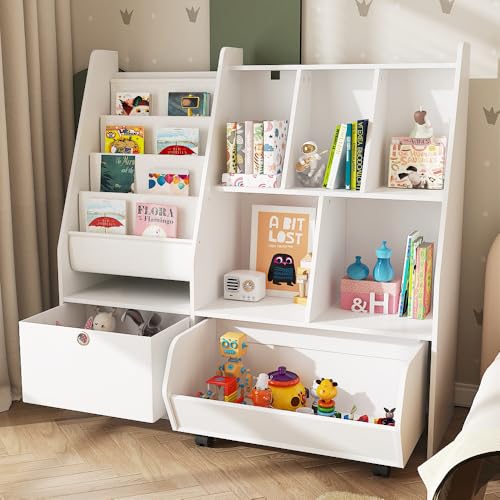 Timechee子ども用本棚 おもちゃ収納ラック 幅100cm 大容量 絵本ラック ワゴン付き 知育家具 お片付け簡単 シンプルデザイン ホワイト 子供部屋インテリア (標準)