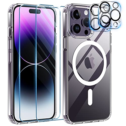 YisrLery 5 in 1 per Magnetica Cover iPhone 14 Pro con 2 Vetro Temperato e 2 Vetro Fotocamera, Compatibile Hard PC