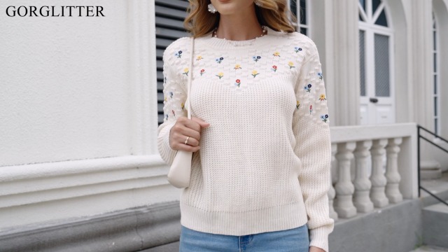 GORGLITTER Women's Floral Embroidered Sweaters - Lightweight Crochet Knit Long Sleeve Tops