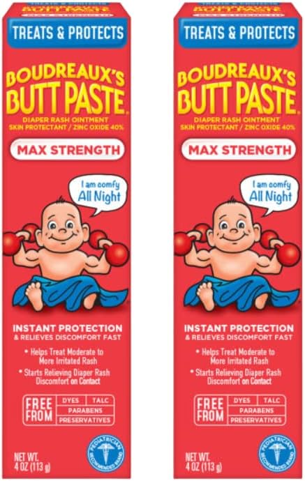 Boudreaux's Butt Paste Diaper Rash Ointment - Maximum Strength - Contains 40% Zinc Oxide - Paraben and Preservative-Free - 4oz (2 Pack)