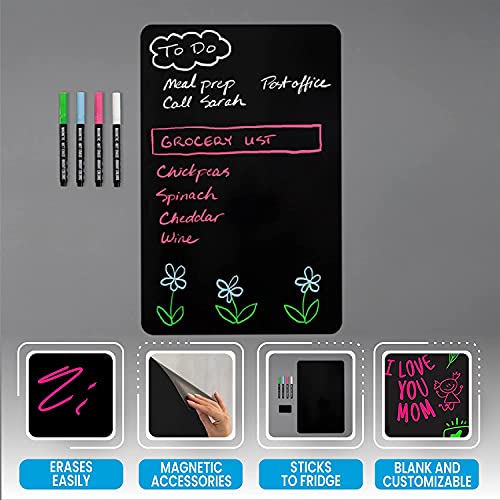 Magnetic Black Dry Erase Board for Fridge: with Bright Neon Chalk Markers - 12x8\" - 4 Liquid Blackboard Markers with Magnet - Small Whiteboard Chalkboard for White Refrigerator