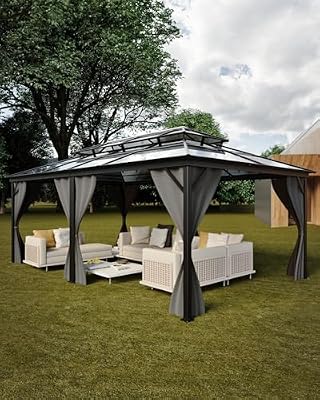 GarveeLife Hardtop Gazebo 12'x20' for All Weather, Double Polycarbonate Sheets Roof, Aluminum Alloy Frame, Net, and Curtain, Permanent Building for Patio, Deck, Backyard, Lawn, and Garden, Gray
