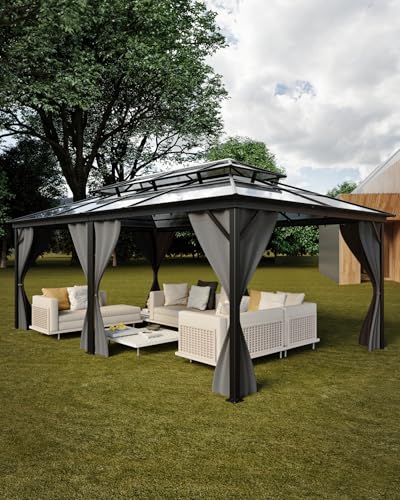 Hardtop Gazebo 12'x20' for All Weather, Double Polycarbonate Sheets Roof, Aluminum Alloy Frame, Net, and Curtain, Permanent Building for Patio, Deck, Backyard, Lawn, and Garden, Gray