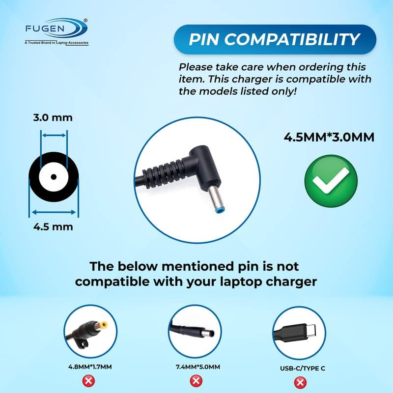 Image of Fugen Laptop Adapter Charger 65w 19v 3.33a Bluetip for H-P 15-bs541tu, 15-bs541ur, 15-bs542tu, 15-bs542ur, 15-bs543tu, 15-bs544tu, 15-bs544ur (W /O Power Cable)