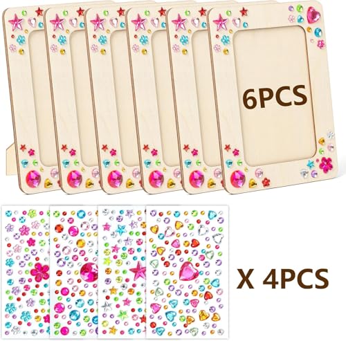 COMVASTARS 6 Stück Holzbilderrahmen zum Bemalen, 14x19cm Holzbilderrahmen DIY Bastelsets für Kinder, Bilderrahmen Bastelset Holz Set zum Bemalen mit Glitzersteine für Kindergeburtstag Basteln