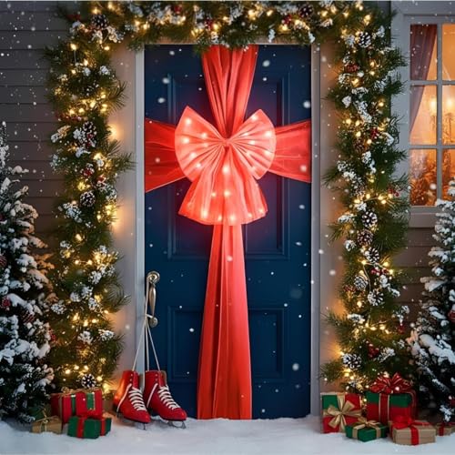 Image of Large Red Door Bow with LED Lights – Christmas Front Door Decoration, Waterproof, Battery Operated, Festive Holiday Outdoor & Indoor Décor for Home, Wreath Alternative