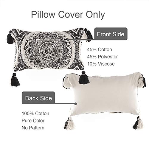 Ojia Farmhouse Mandala Lumbar Throw Pillow Cover, Decorative Black And Cream Pillowcase Neutral Tufted With Tassels Bohemia Accent Cushion Cover For Couch Sofa Living Room Decor (12X20 Inch, Mandala) #TOP6