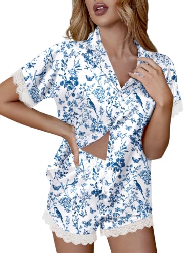 Image of Ekouaer Womens Lace Satin Pajama Set Button Down Pj Shorts Set Bridesmaids Getting Ready Outfits Casual Sleepwear XS-XXL