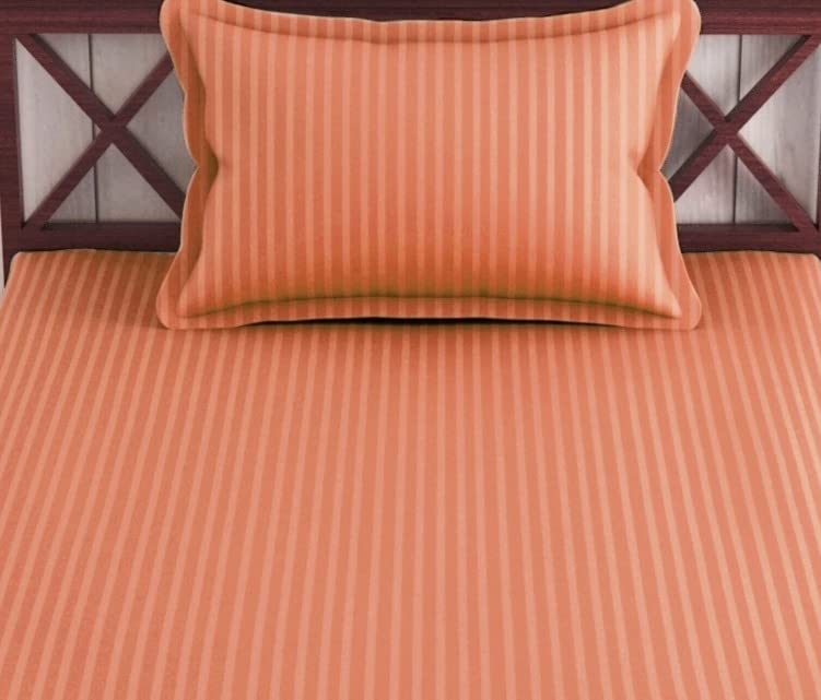 Image of Trance Home Linen 100% Cotton 80x38 inch 200TC Satin Stripe Elastic Fitted Bedsheet | College /Hostel Use Fitted Bedspread with 1 Pillow Cover (80 inchx38 inch | 6.6x3.1 feet, Copper Rust)