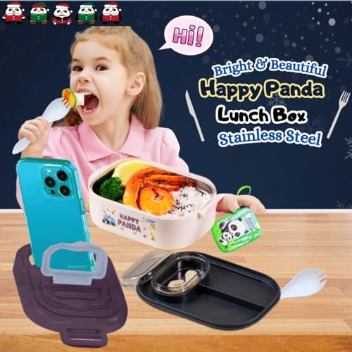 Image of PLUSPOINT Panda Stainless Steel Cute Cartoon Lunch Box for Kids Microwave Safe Insulated Tiffin Box Tableware Set Portable Containers Tiffin Box for School Boys, Girls (Panda) 700 ML