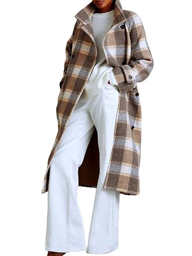 utcoco Women's Plaid Trench Coat Elegant Lapel Collar Long Sleeve