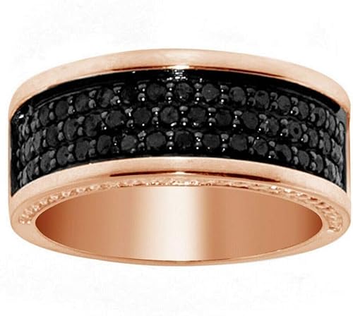 Pretty Jewels 10k Rose Gold 1/2 Carat (ctw) Round Cut Black Natural Diamond Three Row Men's Anniversary Wedding Band Ring (Diamond Color: Black, 0.50 Cttw) Ring Size-9