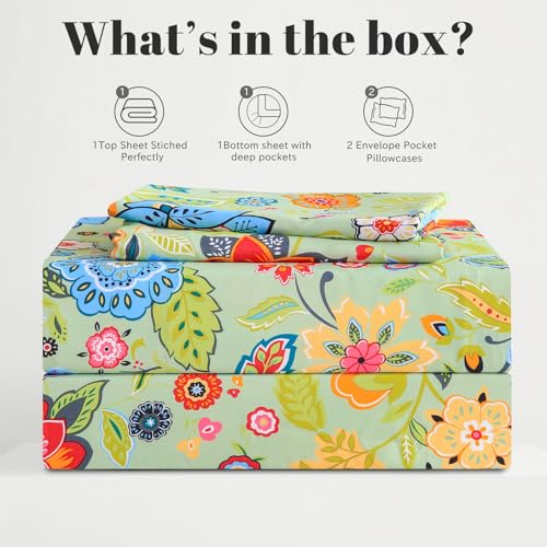 Bedlifes King Sheet Set Ultra Soft, Breathable, Silky Flower Deep Pocket 100% Microfiber Bedding, 4 Piece King Size with Floral Sage Green