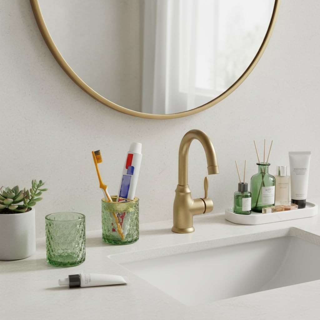 Green Glass Toothbrush Holder 2pcs Bathroom Countertop Organizer Cup