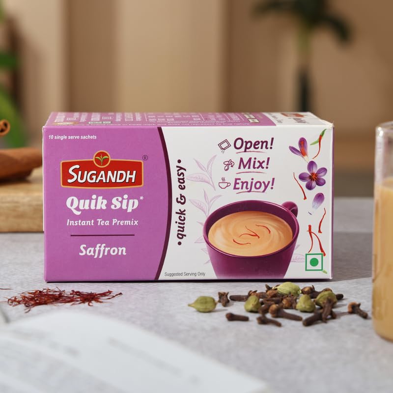 Image of Sugandh Quik Sip Instant Saffron Chai Premix (Pack of 2) - Single Serve Sachets - 2 Boxes of 10 Sachets each