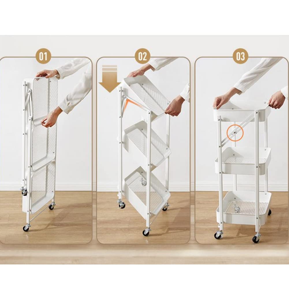 BAKAJI Carro de Cocina Plegable con 3 estantes, Cesta de 4 Ruedas giratorias a 360 Grados con Freno Integrado de Metal Trolley para Ahorrar Espacio de Servicio, Dimensiones 29 x 40 x 76 cm (Gris)