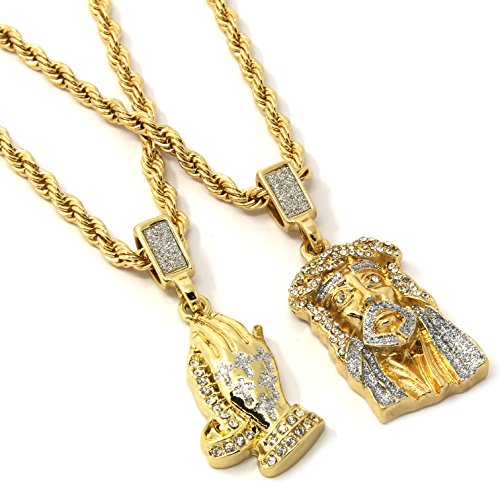 Jewel Town Mens Gold Two Piece Jesus & Prayer Hand Set Pendant Hip Hop 24