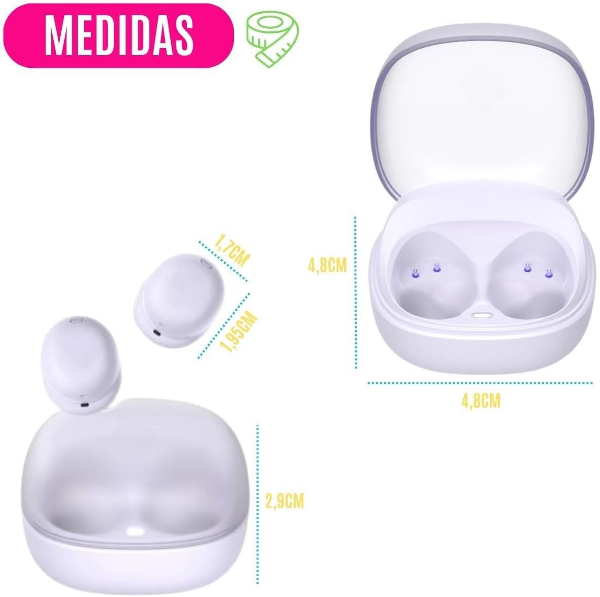 Diagram showing the dimensions of the earbuds and the charging case in centimeters.