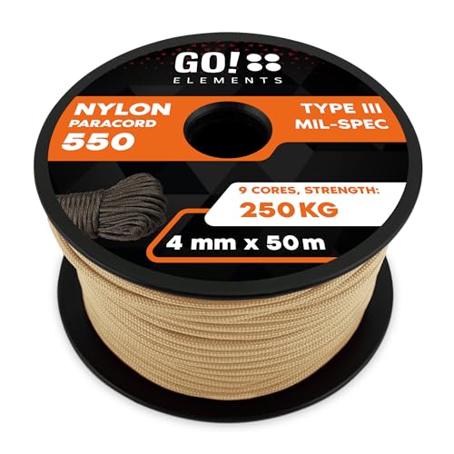GO!elements 50m Paracord de Nylon a Prueba de desgarros - 4mm Paracord 550 Typo III Cuerda - Adecuado como Cuerda Yute & Cuerda Gruesa | MAX. 250kg, Color: Arena