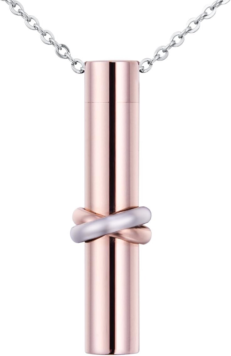 VALYRIA Silver and Rose Gold Cremation Jewellery Stainless Steel Two-Color Ring Miss You Cylinder Urn Pendant Memorial Ash Keepsake