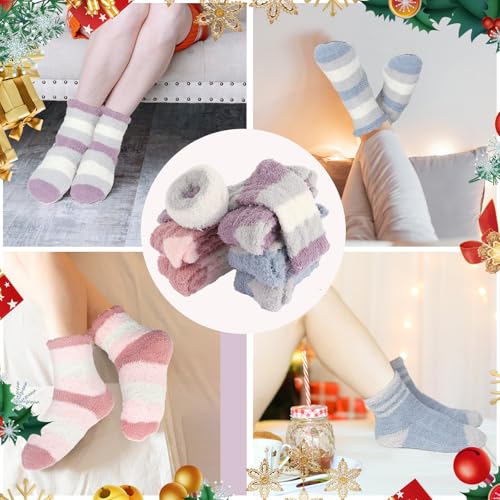 Image of SAIWEILAI ONLINE 7 Pieces Christmas Fuzzy Socks Gift Set:6 Pair of Soft Cozy Warm Socks with Christmas Gifts Box for Women
