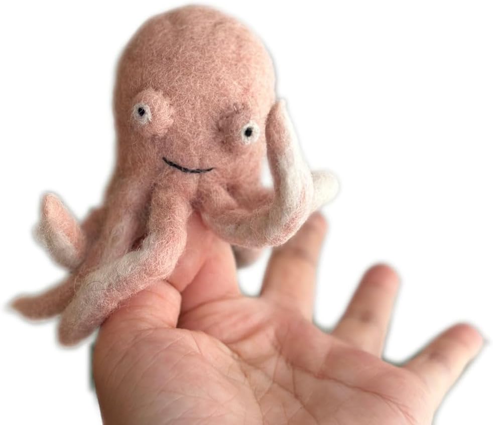 Handmade Felt Octopus Finger Puppet, Wool Felt Octopus Finger Puppets, Fair-Trade Ocean Animal Puppets for Storytelling, Kids Educational Toys, Unique Eco-Friendly Gift for Children (Light Pink)