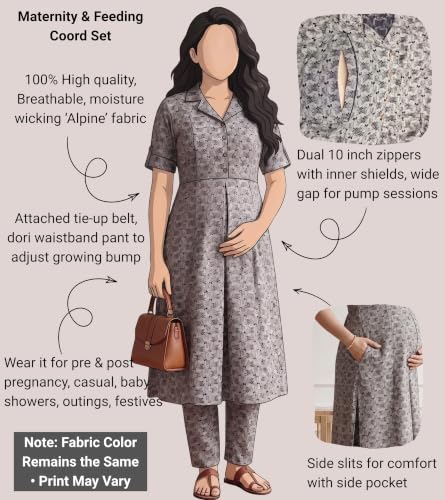 Image of DUMMY SHAPE Feeding Dresses for Women Full Set | Cotton Blend Maternity Kurta Pant Suit with Dual Nursing Zippers, Side Pocket to Pre & Post Pregnancy | Mom to Be Gifts