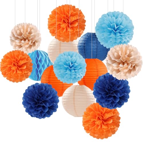 Image of Navy-Blue Orange Champagne Party-Decorations Paper-Flowers - 15pcs Fall Birthday Baby Bridal Shower Tissue Pom Poms Lanterns Streamers Honeycomb, Wedding Bachelorette Hanging Supplies Decor Hugfond
