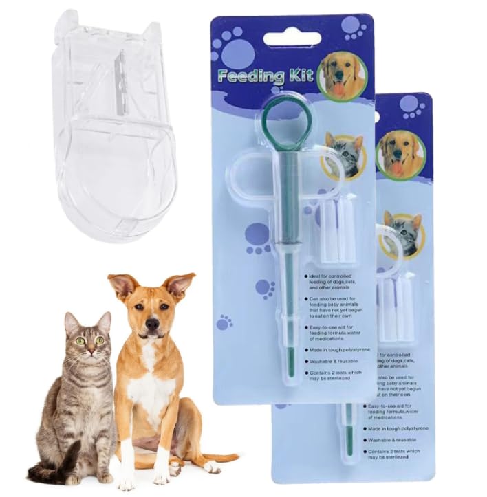 Cretvestsar 2 piezas de desatascador de pastillas para mascotas, dispensador de tabletas para gatos y perros con caja de almacenamiento para pastillas pequeñas y líquidos
