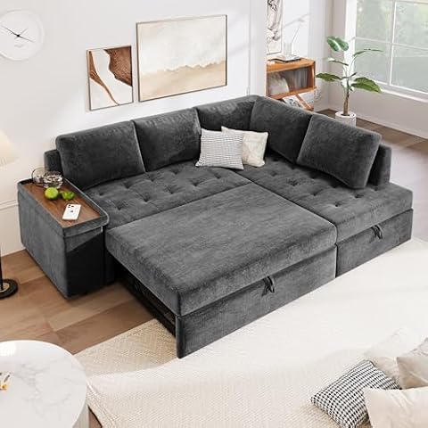 ZEIINPA 91.5” Modern Sleeper Sofa Bed, Linen Pull Out Couches with Storage Chaise, Comfy L-Shaped Sofa with Wooden Armrest Tray for Living Room, Apartment, Office, Studio, Home Theater-Grey Cover