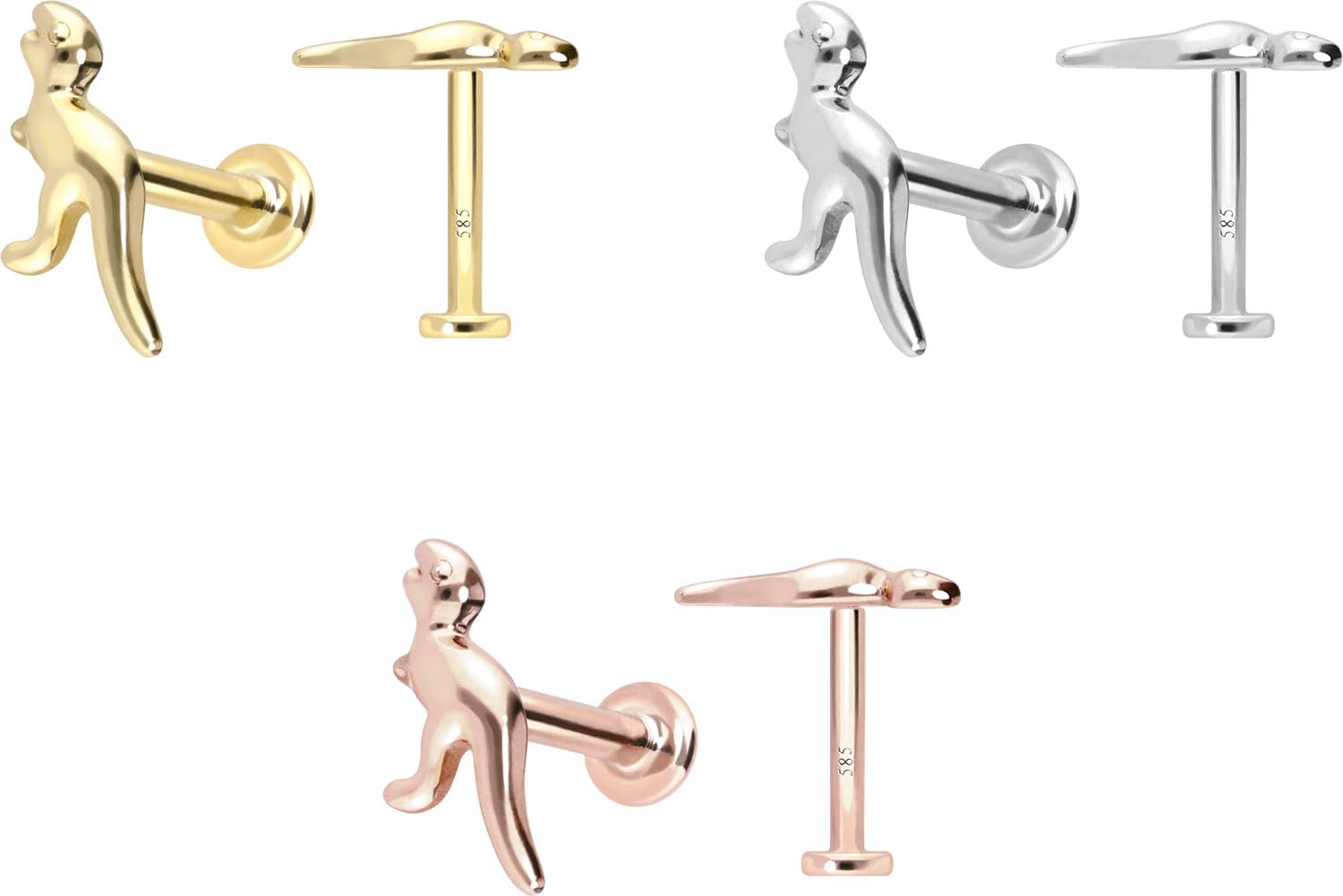 PIERCINGLINE Piercing Stecker 14 Gold Labret mit Push Fit DINOSAURIER 585er Gold - Roségoldfarben, Goldfarben, Silberfarben