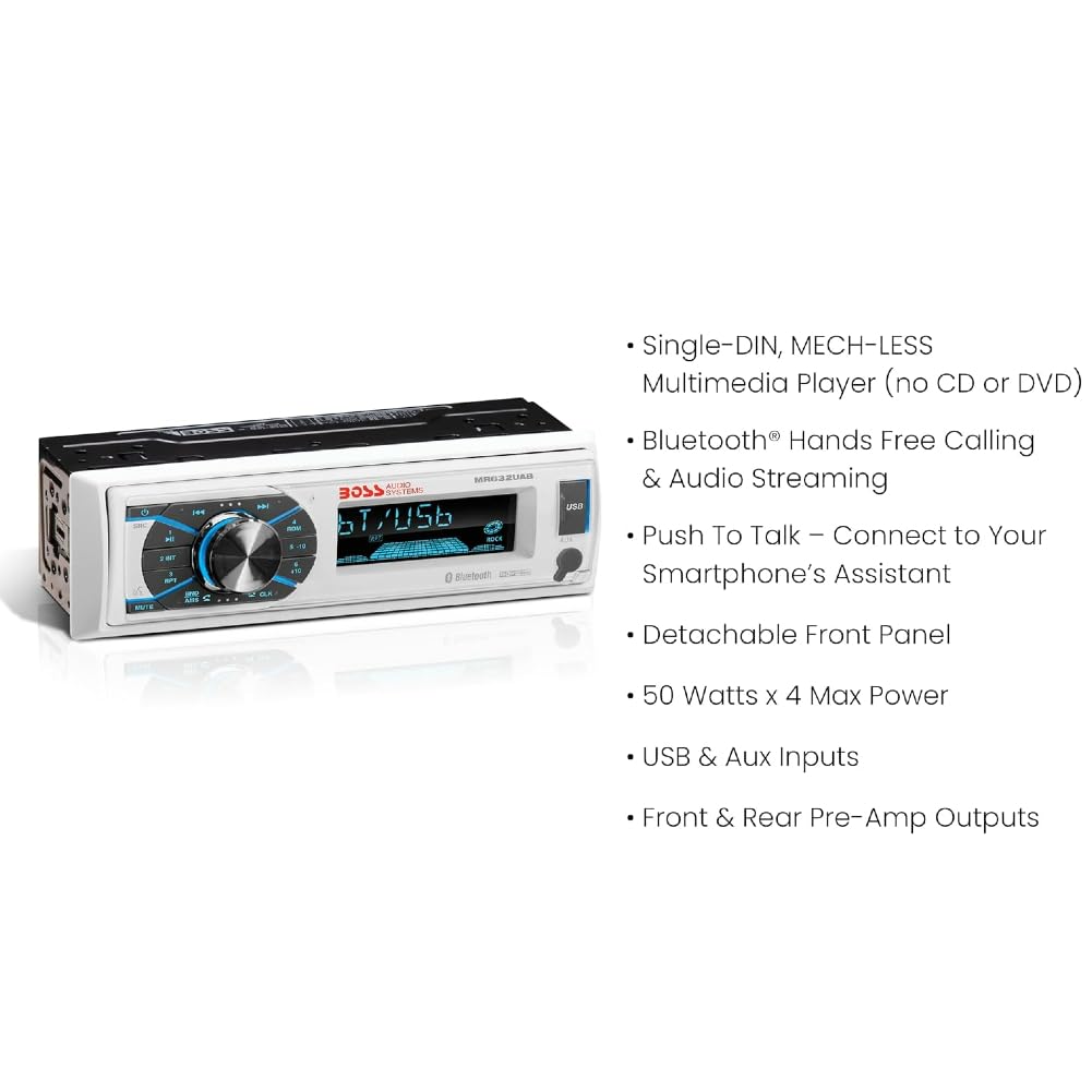 Boss Audio Systems MR632UAB Single DIN Radio Receptor AM/FM AUX USB MP3 Bluetooth Resistente al Agua Blanco 1 Unidad