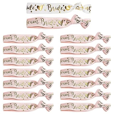 16pcs Team Bride Bracelets with Gold Lettering, 1 White Bride and 15 Pink Team Bride Wristbands Team Bride Hair Ties for JGA Hen Party Bridal Shower Bachelorette Party Decorations Cover