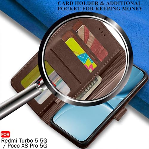 Image of TheGiftKart Flip Back Cover Case for Mi Redmi Turbo 5 5G / Poco X8 Pro 5G | Dual-Color Leather Finish | | Inbuilt Stand & Pockets | Wallet Style Flip Back Case Cover (Faux Leather, Brown & Coffee)