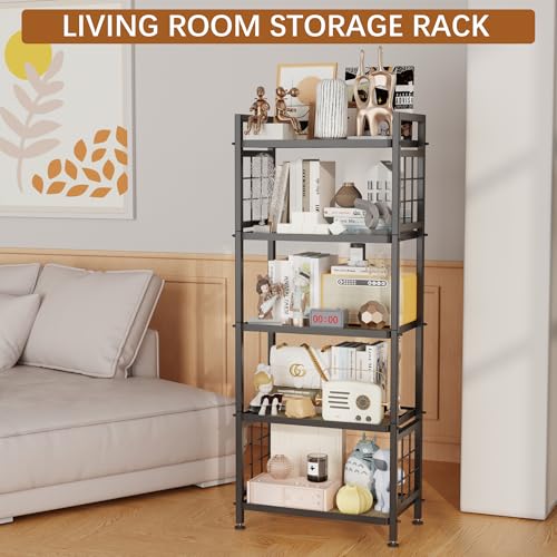 GIOTORENT 5-Tier Pantry Shelves with Wooden Boards, Heavy Duty Storage Shelves & Book Shelf, Adjustable Metal Shelving Unit for Kitchen Bathroom Laundry Organizer, Sturdy Rust-Resistant, Black - Image 6