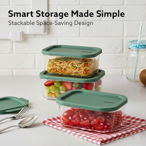 Image of AGARO Elite Borosilicate Glass Container 6 Pcs Set, Fridge Stackable Storage Organizer, 310ml x2, 520ml x2, 750ml, 1200ml, Microwave Safe, BPA Free Kitchen Boxes, Store Cooked Food, Fruits, Snacks