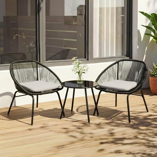 Image of DEVOKO 3-Piece Outdoor Rope All-Weather Water-Resistant Cushion with Glass Top Table Metal Frame Perfect for Garden, Balcony, Terrace, Patio(Black & Grey)